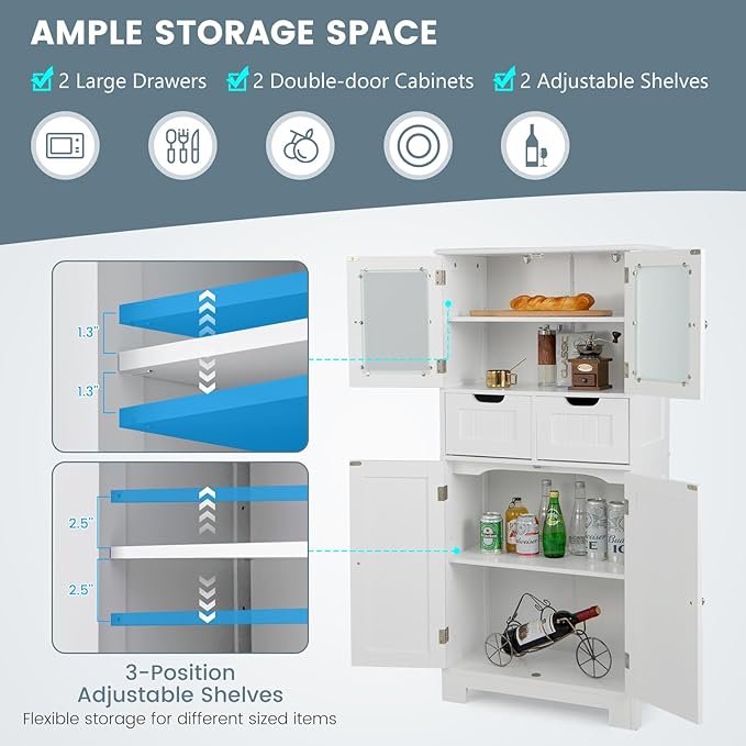 COSTWAY Tall Bathroom Storage Cabinet, Freestanding Storage Organizer with Glass Doors, 2 Drawers & 2 Adjustable Shelves, Wooden Linen Floor Cabinet for Bathroom, Living Room, Kitchen (White)