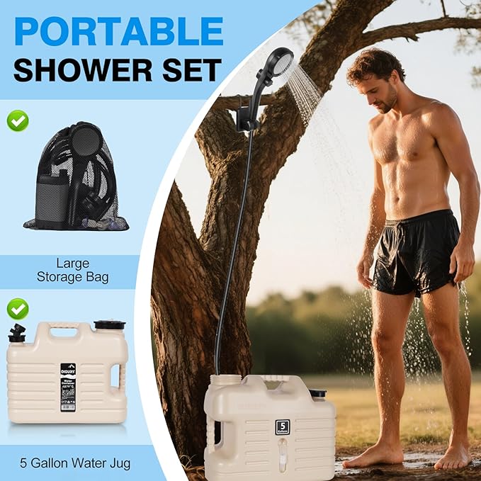Portable Camping Shower with 5 Gallon Water Jug, 6000mAh Rechargeable Outdoor Camping Shower Kit, IPX7 Waterproof Pump BPA Free Water Containers Camp Essentials