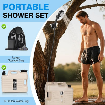 Portable Camping Shower with 5 Gallon Water Jug, 6000mAh Rechargeable Outdoor Camping Shower Kit, IPX7 Waterproof Pump BPA Free Water Containers Camp Essentials