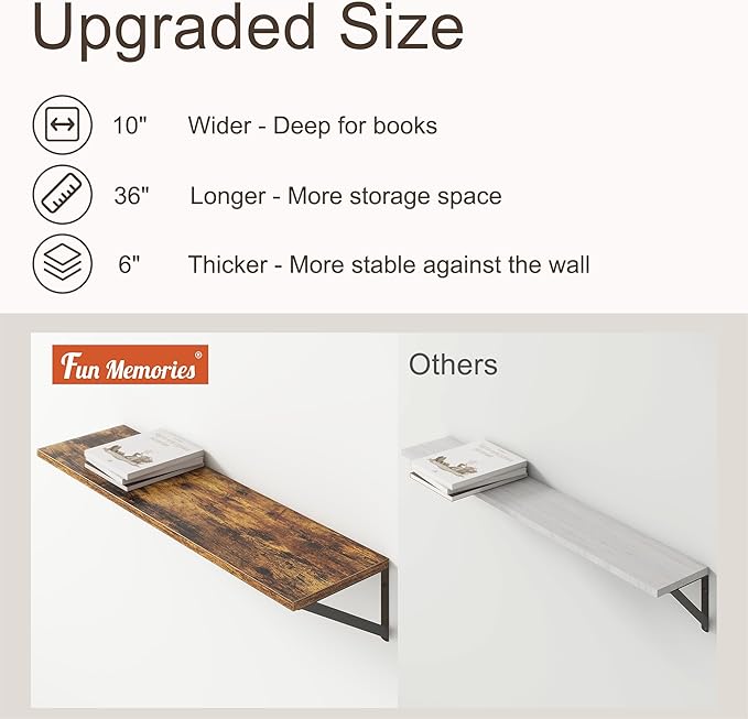 36"W x 10"D Floating Shelves, 10 Inch Deep Floating Shelves, Farmhouse Rustic Deep Wall Shelves for Home Decor, Wide Large Floating Shelf for Bathroom, Living Room, Kitchen, Study Room, Rustic Brown