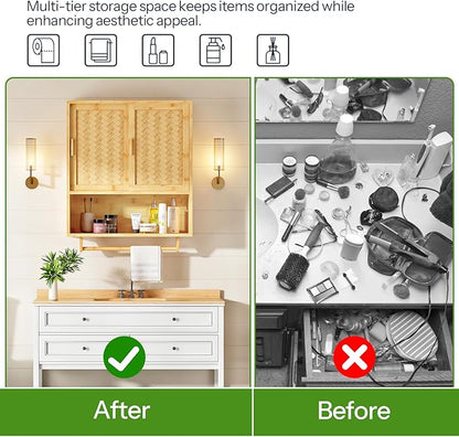 HOOBRO Bathroom Cabinet Wall Mounted, Bamboo Medicine Cabinet with Towels Bar & Adjustable Shelves, Over Toilet Cabinet, 23.6 x 7.9 x 28.5 Inches, for Bathroom, Laundry, Kitchen, Natural YL63CW01