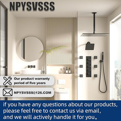 Black Thermostatic Shower System Dual Shower Heads with 16" Ceiling Mounted Rain Shower Head & 6" Wall Mounted Head 4 Function Full Body Shower System with body jets Can All Run Together