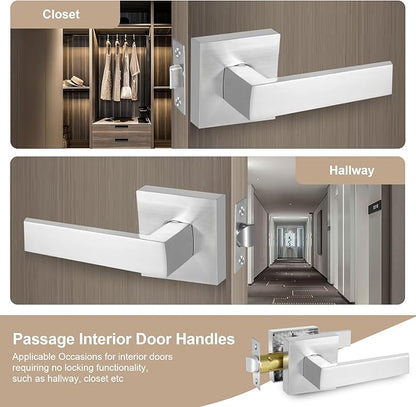 Passage Door Lever, Satin Nickel Interior Door Handles for Hallway and Closet, Heavy Duty Square Interior Keyless Door Handles Non-Locking Door Levers, 4 Pack