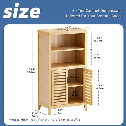 HITNET Bathroom Cabinet Freestanding, Bamboo Storage Cabinet 5-Tier Floor Cupboard with Door and Shelf for Bathroom, Kitchen, Hallway, Natural