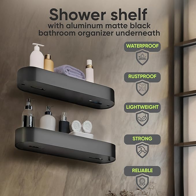 Wall-Mounted Shower Shelf - Durable Space Aluminum, Matte Black, Rustproof Bathroom Organizer, Compact 11-Inch Design for Shampoo, Soap, and Toiletries Storage, Modern and Easy-to-Install Shower Caddy