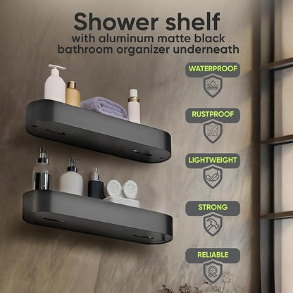 Wall-Mounted Shower Shelf - Durable Space Aluminum, Matte Black, Rustproof Bathroom Organizer, Compact 11-Inch Design for Shampoo, Soap, and Toiletries Storage, Modern and Easy-to-Install Shower Caddy