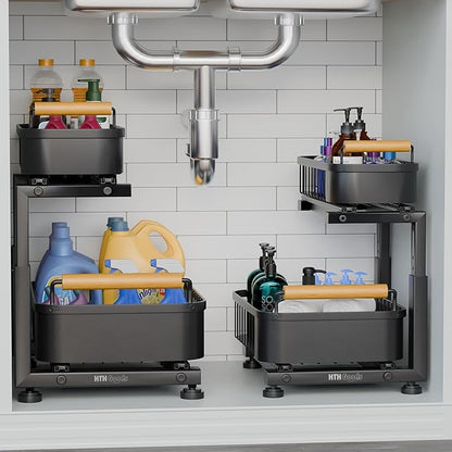 Premium Heavy Duty Carbon Steel Under Sink Organizer, 2 Tier Pull Out Cabinet Organizer, 7 Adjustable Heights with Smooth Ball Bearing Sliding Baskets for Bathroom & Kitchen