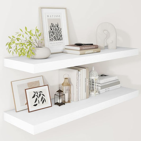 Vivelove 12 Deep Floating Shelves for Wall, 24/36/48/55 Inch Shelves for Room Wall Mounted, 2" Thick Floating Shelf for Living Room Bedroom Bathroom Kitchen Laundry Room, Set of 2 White