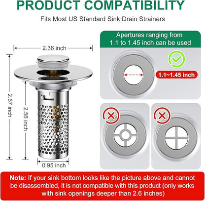 Bathroom Sink Drain Strainer,Pop-Up Sink Stopper Hair Catcher, Anti-Clog Stainless Steel Drain Filter Basket, Removable Sink Drain for Bathroom Sink Stopper Replacement (Silver-1)
