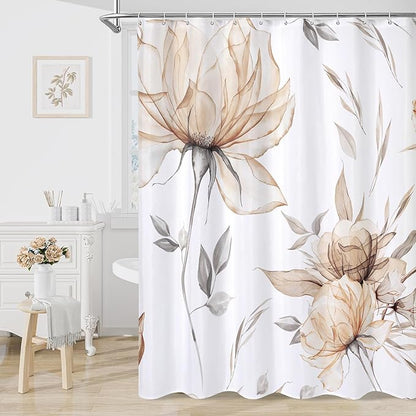 Long Boho Watercolor Floral Shower Curtain 72 x 78, Light Brown and Grey Ink Painting Style Flower Shower Curtains for Chic Elegant Bathroom, Artistic Tan 78 Inch Long Fabric Shower Curtain