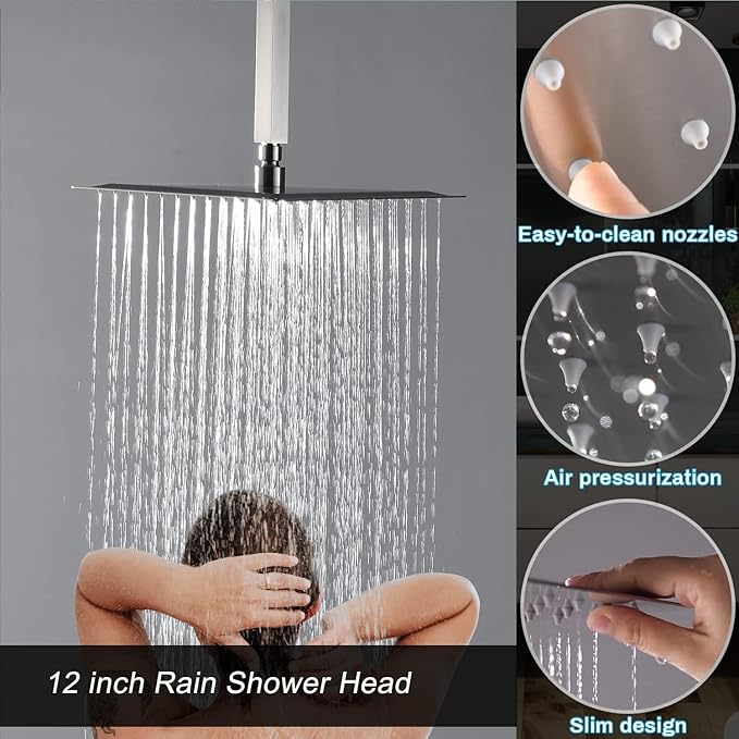 Shower System Brushed Nickel Shower Faucet Set 12 Inch Ceiling Mounted Full Body Shower System with Body Jets, Handheld Spray, Digital Temperature Display Shower Valve