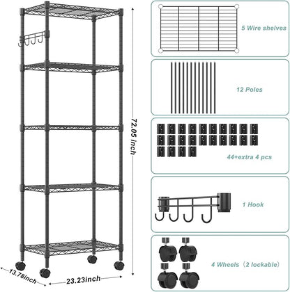 Himimi 5-Tier Wire Shelving Unit on Wheels, Adjustable Heavy Duty Metal Shelves with Side Hooks, Metal Organization Wire Rack for Kitchen Garage Basement, 13" L x 23" W x 72" H, Black