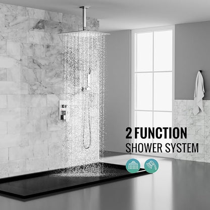 SR SUN RISE 16 Inches Polished Chrome Shower Faucet System Bathroom Luxury Rain Mixer Shower Faucet Set Ceiling Mounted Rainfall Shower Head Set (Contain Shower Faucet Rough-In Valve Body and Trim)
