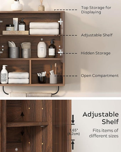 Fluted Wall Cabinet Set of 2, Wooden Bathroom Medicine Cabinet Storage with 2 Doors, Adjustable Shelf and Towels Bar, Modern Wall Mount Large Floating Cabinet for Kitchen Brown