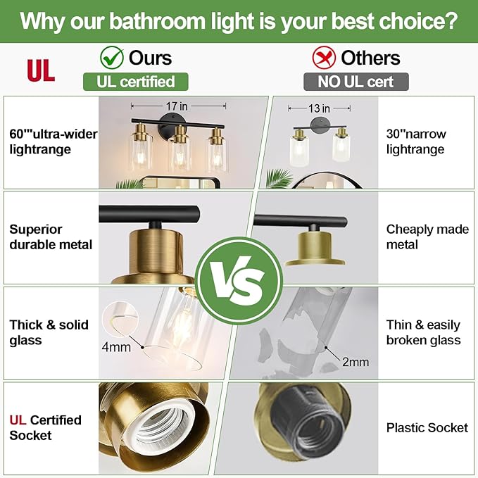 3-Light Bathroom Light Fixtures, Black and Gold Bathroom Wall Lights, Modern Vanity Light with Clear Glass Shade, Bathroom Wall Lamp for Mirror Kitchen Bedroom Hallway Cabinet