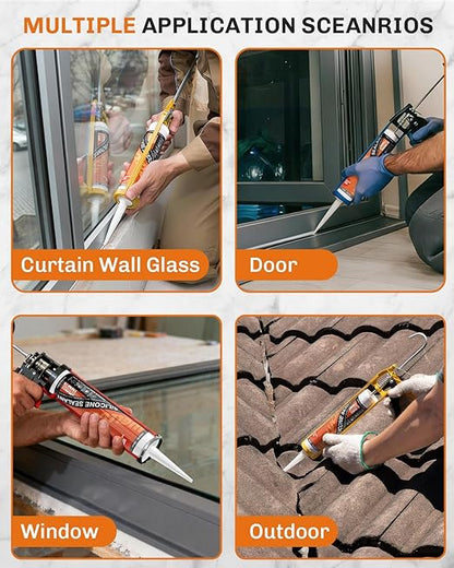 WELLUCK Grey Silicone Caulk, 100% Waterproof Silicone Sealant Adhesive Caulking,for RV, Kitchen,Bathroom, Window, Door, Glass,10.2FL.OZ/300ML（4 Pack）