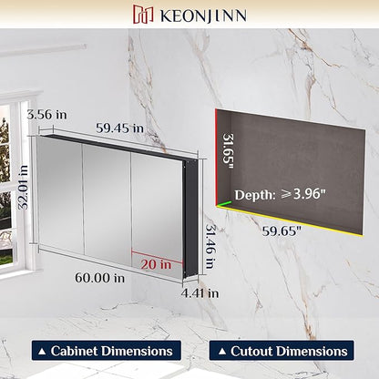 Keonjinn 60 x 32 Inch Medicine Cabinet, Assembly Required, Black Bathroom Medicine Cabinets Mirror, Lightweight, Adjustable Shelves, Surface Mount or Recessed, Tempered Glass