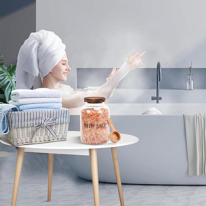2Pcs 74 oz Glass Bath Salts Jar,Bath Salt Container with Wooden Lid and Scoop,Bathroom Organizers and Storage,for Bathroom Bath Decor,Home Decor,Bathtub Accessories for Women