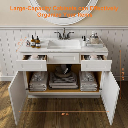 ROOMTEC Bathroom Cabinet, 42'' Free Standing Single Bathroom Vanity with 2 Drawers and 2 Doors,Soft-Close Drawer Slides Morden Bathroom Sink Vanity Storage Cabinet, Shaker White