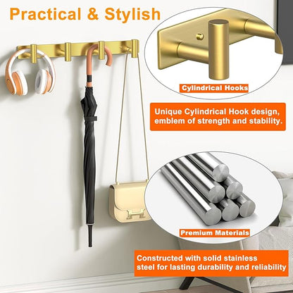 Wall Mounted Coat Rack-4 Hooks, Heavy Duty Stainless Steel Wall Hooks for Towel Coat Bag, Hat Rack Coat Hanger Coat Hooks Towel Racks for Bathroom Entryway Kitchen Hotel Office (Gold, 1 Pack)