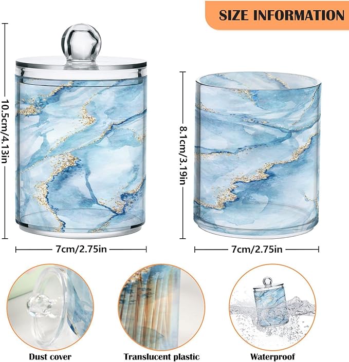 MNSRUU 4 Pack Qtip Holder Organizer Dispenser Sky Blue Marble Bathroom Containers Bathroom Vanity Storage Canister Apothecary Jars for Cotton Swabs/Pads/Floss