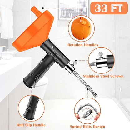 33 Feet Drain Snake Auger, Plumbing Snake Drain Hair Clog Removal Tool, Sink Unclogger, Heavy Duty Toilet Snake Auger, Cleaner Tool for Bathroom Kitchen Tub Shower Drain Clog Remover