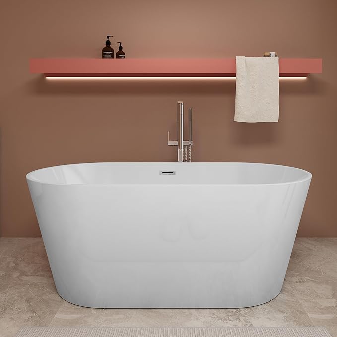 55 inch Freestanding Bathtub, Modern Soaking Stand Alone Bathtubs, Free Standing Acrylic Tub with Center Drain & Overflow, Glossy White