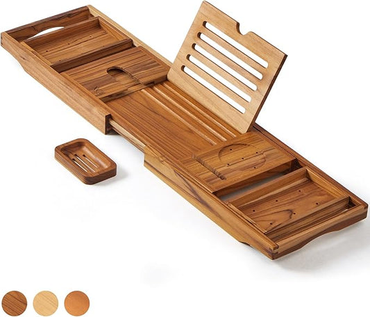 XcE Teak Bathtub Caddy Tray - Expandable to 41 Inches with Book Stand, Soap Holder & Anti-Slip Pads for Luxury Bath Spa, Teak