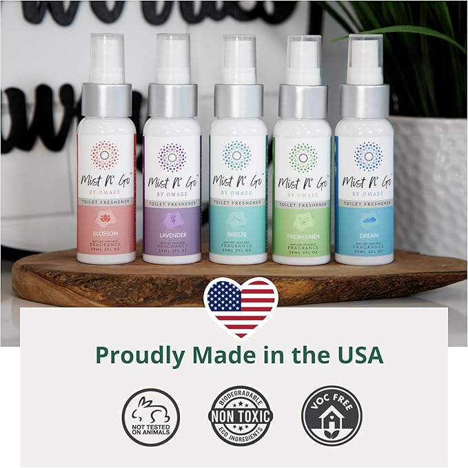 Mist N’ Go by Omaze Travel Bathroom Spray for Toilet Spray Odor Eliminator - Travel Toilet Spray for Bathroom Air Freshener Spray for Bathroom Deodorizer - Fresh Linen Regular Size (2oz x3)