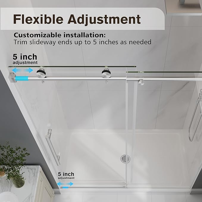 Frameless Glass Shower Door, 43-48" W x 76" H Sliding Frameless Shower Door, 1/4''(6mm) SGCC Tempered Glass, Explosion-Proof Film Nano Coating, Stainless Steel Hardware, Brushed Nickel
