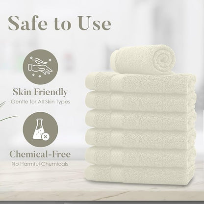 DAN RIVER 12-Pack Premium 100% Cotton Ivory Face Towels – Reusable Face Towel Set, Soft & Absorbent Washcloths for Bathroom & Body – Hand and Face Towels, 550 GSM (12x12 in)