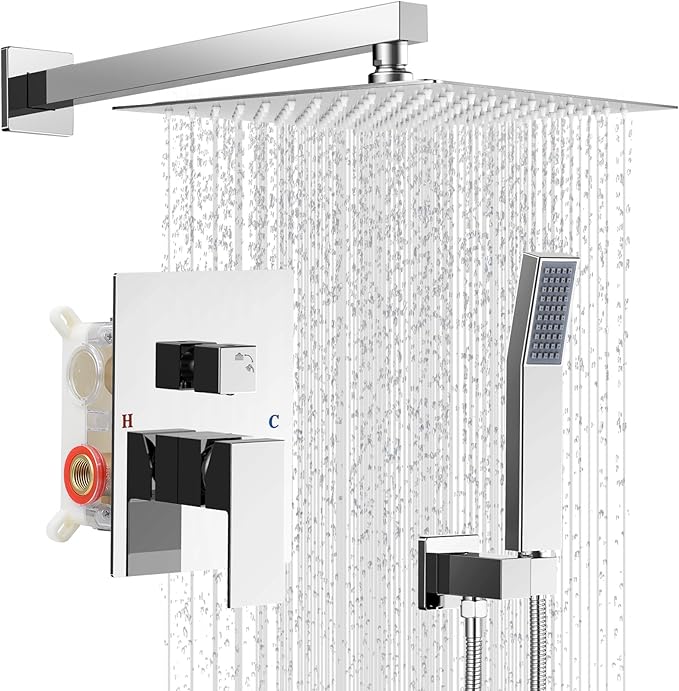 Shower Faucet set with Shower head, Wall Mount 10 Inch Square Rainfall Shower Head and Handle Set Single Handle Shower System Set with Female Threads Valve Body and Trim Included (Chrome)