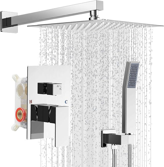 Shower Faucet set with Shower head, Wall Mount 10 Inch Square Rainfall Shower Head and Handle Set Single Handle Shower System Set with Female Threads Valve Body and Trim Included (Chrome)