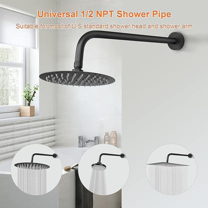 HarJue Shower Arm with Flange and Teflon Tape, Wall Mounted Shower Pipe 304 Stainless Steel Extension Arm for Fixed Shower Head & Handheld (15 Inch, Matte Black)
