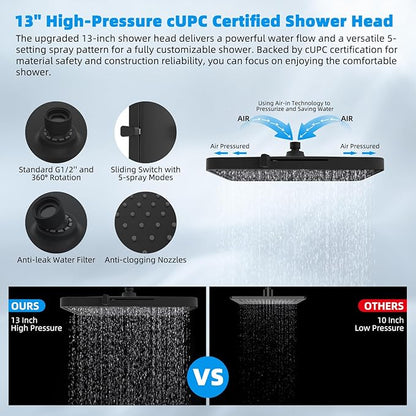 Hibbent cUPC Certified High Pressure 13'' Dual Shower Head Combo with 10-mode Handheld Spray, Rainfall 5-spray Shower Head, 12'' Adjustable Extension Arm, 71'' Hose, Showerhead Holder, Matte Black
