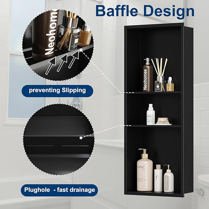 Neodrain 12X30 in Shower Niche, Matte Black 3 Layers Shower Shelf Stainless Steel Recessed Storage NO Tile Needed Recessed Niche Shower for Bathroom Storage