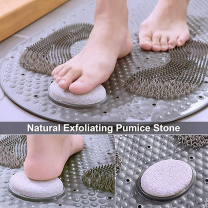 MOLFUJ 32"X16" Foot Scrubber Shower Mat with Feet Scrub Stone, Oval Bathtub Mat with Antislip Suction Cups and Drain Holes, Non Slip with A Pumice Stone for Feet Massage - Grey
