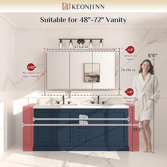 Keonjinn 48 x 26 Inch Medicine Cabinet, Assembly Required, Black Bathroom Medicine Cabinets Mirror, Lightweight, Adjustable Shelves, Surface Mount or Recessed, Tempered Glass