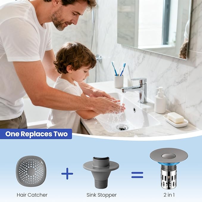 Universal Bathroom Sink Stopper, Pop Up Sink Drain Strainer Plug with Removable Stainless Steel Filter Basket Hair Catcher,Solid Brass Body,Bathroom Bathtub Drain Stopper,Gun Grey