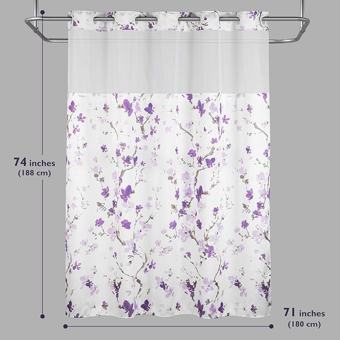Lagute SnapHook Hook Free Shower Curtain with Snap-in Liner & See Through Top Window | Hotel Grade, Machine Washable | 71Wx74L, Purple Blossom