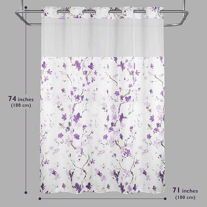 Lagute SnapHook Hook Free Shower Curtain with Snap-in Liner & See Through Top Window | Hotel Grade, Machine Washable | 71Wx74L, Purple Blossom