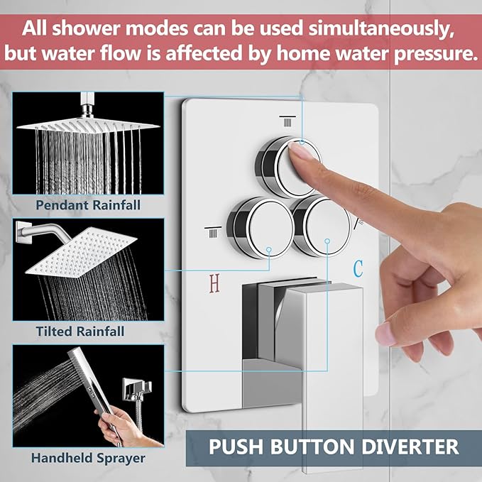 Aolemi Shower Faucet Set Ceiling Mount Shower System Rough-in Valve and Shower Trim Kit 10 and 6 Inch Dual Shower Head 2 in 1 Handheld Spray Push Button Diverter Polish Chrome