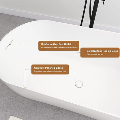 SJ STAR&JANE 51" Solid Surface Freestanding Bathtub, Matte White Oval Soaking Stone Resin Tub with Overflow and Pop-up Drain for Modern Bathrooms