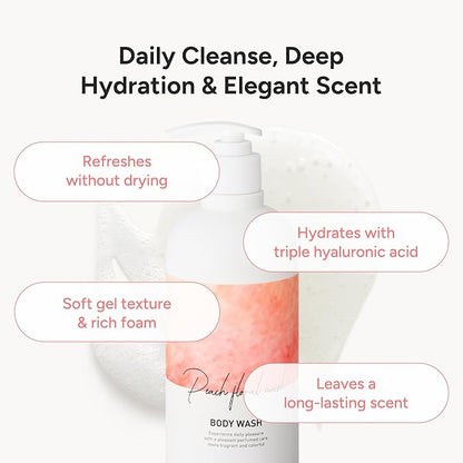 Korean Body Wash with Hyaluronic Acid & Aloe – Hydrating Moisturizing Cleanser for All Skin – Infused with Natural Extracts – Paraben & Silicone-Free – Peach Floral Musk, 500ml / 16.9 fl oz