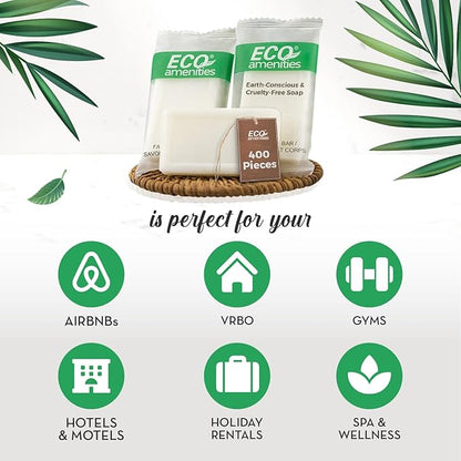 ECO Amenities Travel Size Bar Soap - 400 PACK, 0.5 oz Mini Soap Bars, Hotel Soap Bars, Travel Size Toiletries - Individually Wrapped Bulk Soap Bar, Small Hotel Soaps for BNBs, VRBO, Inns and Hotels