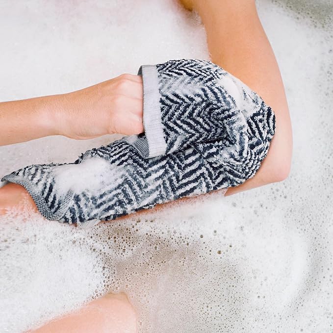 Cleanbear Wash Cloths for Showering with Striped Herringbone Patterns, 12 Cotton Washcloths for Bathroom, Large 13 X 13 Inches, Navy-Blue