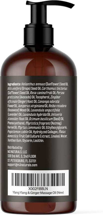 Ylang Ylang + Ginger Lymphatic Drainage Massage Oil – with Collagen & Stem Cells for Circulation, Detox & Cellulite Removal – Body Oil for Muscle Relief, Skin Firming & Relaxation – 8oz by M3 Naturals