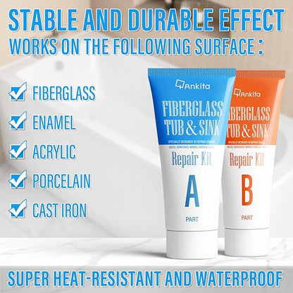 Tub Repair Kit White, Tub Chip and Bathtub Repair Kit for Enamel, Fiberglass, Acrylic, Porcelain, Patch and Repairs Chips, Crack, Scratches, Rust, Holes on Tubs, Toilet, Sink, Shower, Tray in Bathroom