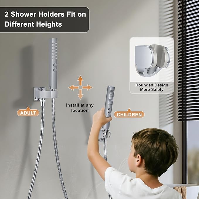 Shower Faucet Set, Wall Mount Shower System 12 and 6 Inch Dual Shower Head Set with 2 in 1 Handheld Spray Rain Shower Faucet with Rough-in Valve and Shower Trim Kit, Polished Chrome
