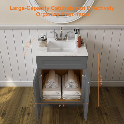 ROOMTEC Bathroom Cabinet, 24'' Free Standing Single Bathroom Vanity with 1 False Drawer and 2 Doors,Morden Bathroom Sink Vanity Storage Cabinet, Shaker Gray